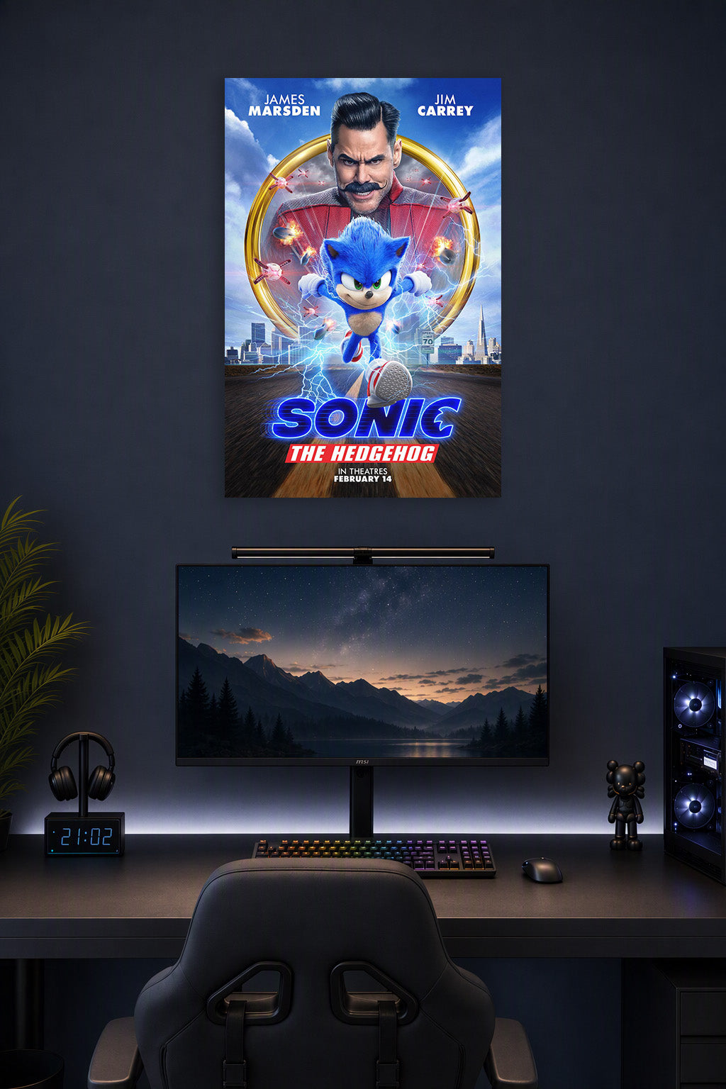 Sonic The Hedgehog Movie in a gaming desk setup above a monitor.