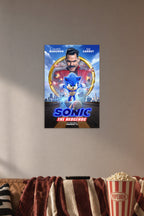Sonic The Hedgehog Movie in a cozy movie room above a brown sofa with popcorn.