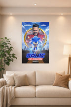 Sonic The Hedgehog Movie in a bright living room above a beige sofa.