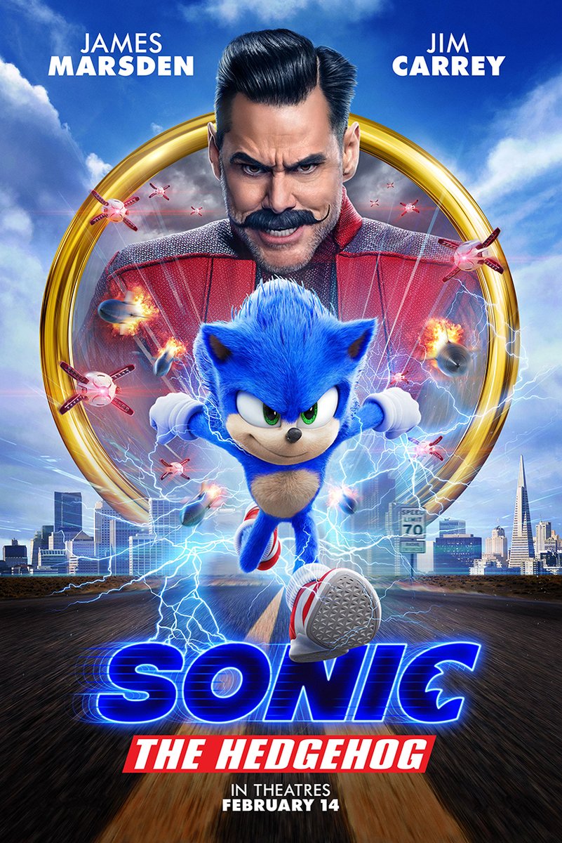 Sonic the Hedgehog poster features Sonic sprinting through blue lightning before Dr. Robotnik, drones, a gold ring, and a city skyline.