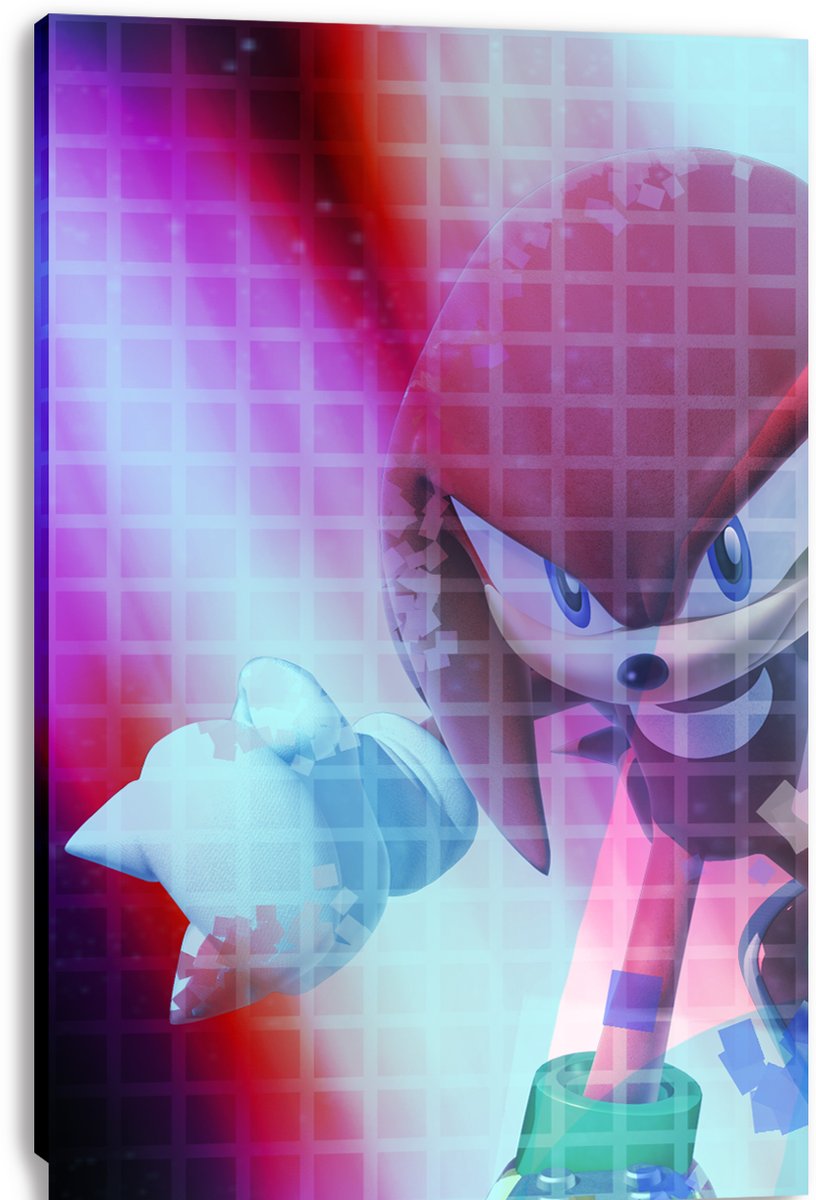 Sonic the Hedgehog wall art print on canvas shows a close-up of Sonic reaching forward against a glowing pink, red, and cyan grid background.