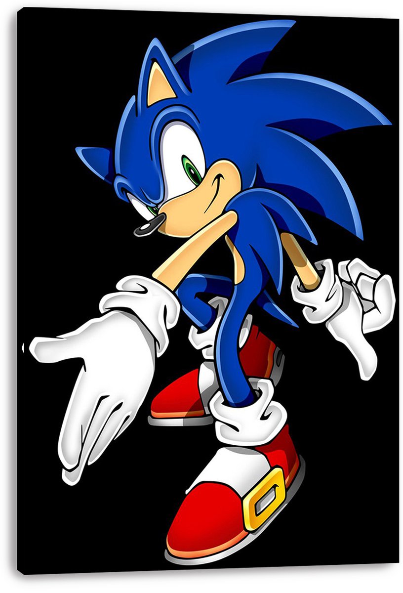 Sonic the Hedgehog canvas wall art print displays Sonic in a forward-leaning pose with white gloves and red shoes on black.