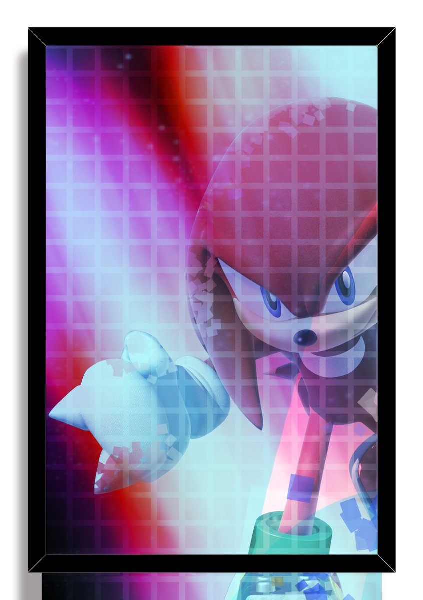 Sonic the Hedgehog framed wall art print presents Sonic reaching outward over a vibrant purple, red, and cyan geometric grid design.
