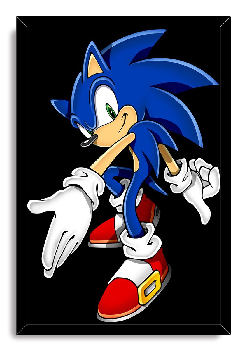 Sonic the Hedgehog framed wall art print portrays the blue character leaning forward in white gloves and red shoes against black.