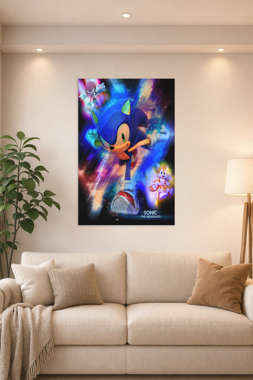 Sonic the Hedgehog in a bright living room above a beige sofa.
