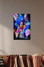 Sonic the Hedgehog in a cozy movie room above a brown sofa with popcorn.