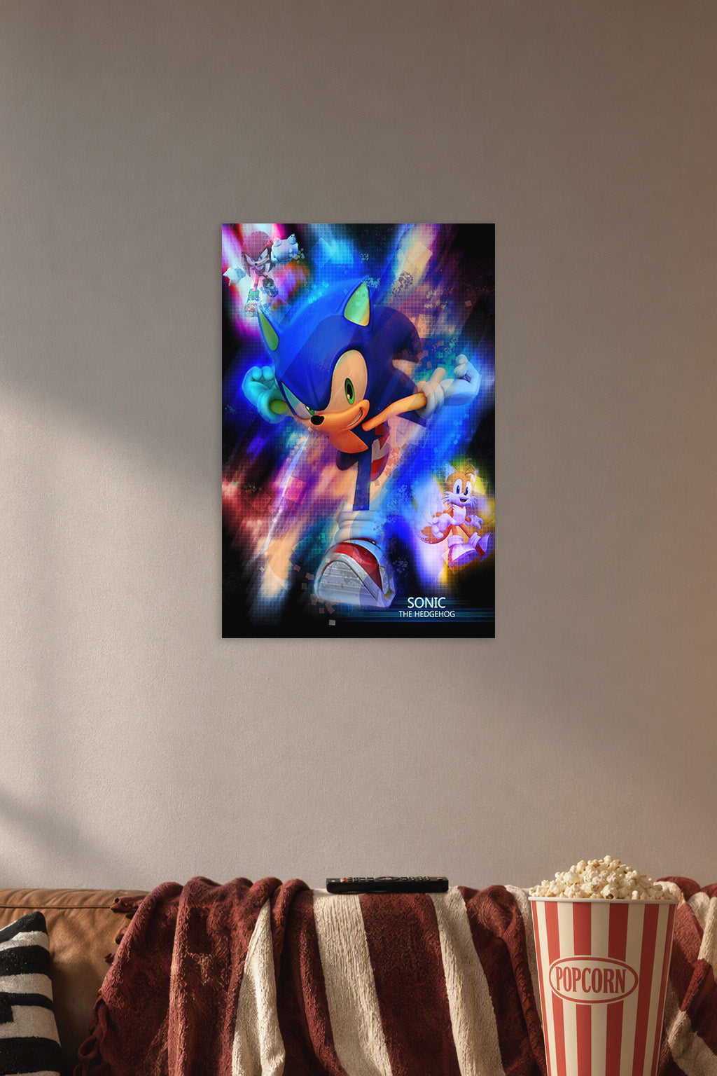 Sonic the Hedgehog in a cozy movie room above a brown sofa with popcorn.