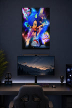 Sonic the Hedgehog in a gaming desk setup above a monitor.