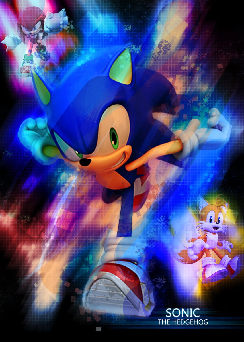 Sonic the Hedgehog poster features Sonic sprinting toward the viewer with Tails and Metal Sonic amid neon blue, red, and purple grid effects.