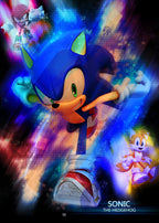 Sonic the Hedgehog poster features Sonic sprinting toward the viewer with Tails and Metal Sonic amid neon blue, red, and purple grid effects.