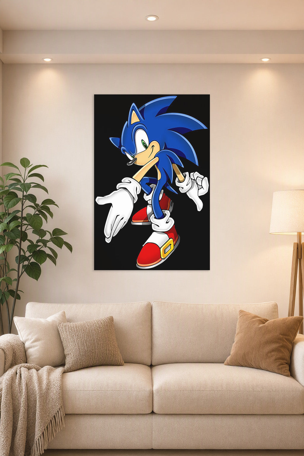 Sonic the Hedgehog in a bright living room above a beige sofa.