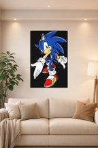 Sonic the Hedgehog in a bright living room above a beige sofa.