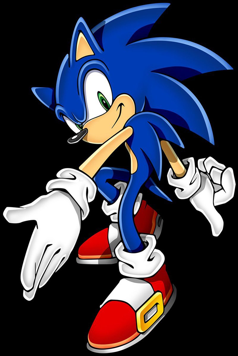 Sonic the Hedgehog wall art print features the blue character leaning forward with white gloves and red shoes on black.