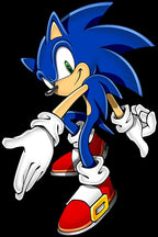 Sonic the Hedgehog wall art print features the blue character leaning forward with white gloves and red shoes on black.