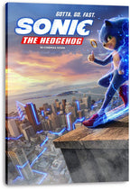 Sonic the Hedgehog canvas wall art print displays Sonic on a rooftop above a glowing city, with lightning, a ring, and movie title text.