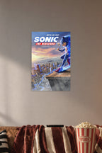 Sonic the Hedgehog Movie in a cozy movie room above a brown sofa with popcorn.