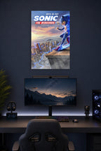 Sonic the Hedgehog Movie in a gaming desk setup above a monitor.