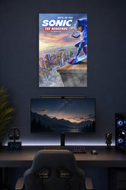 Sonic the Hedgehog Movie in a gaming desk setup above a monitor.