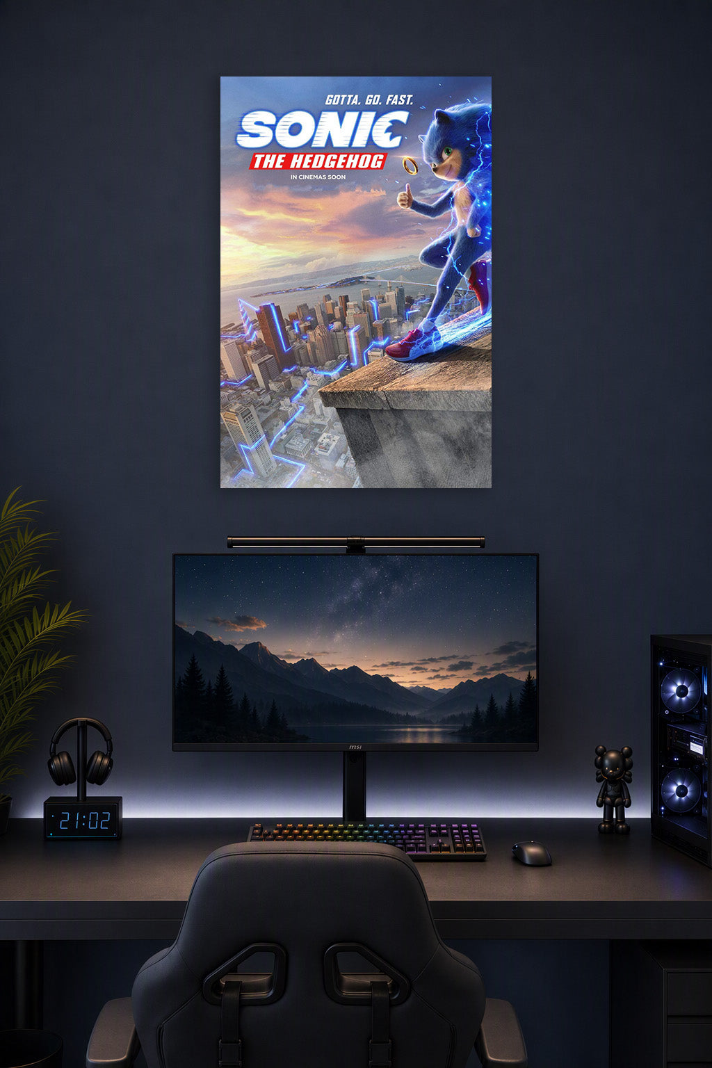 Sonic the Hedgehog Movie in a gaming desk setup above a monitor.