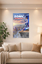 Sonic the Hedgehog Movie in a bright living room above a beige sofa.