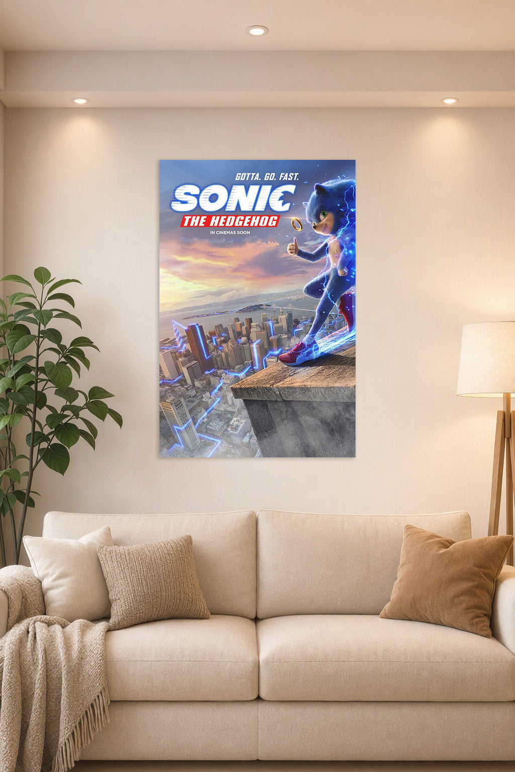 Sonic the Hedgehog Movie in a bright living room above a beige sofa.