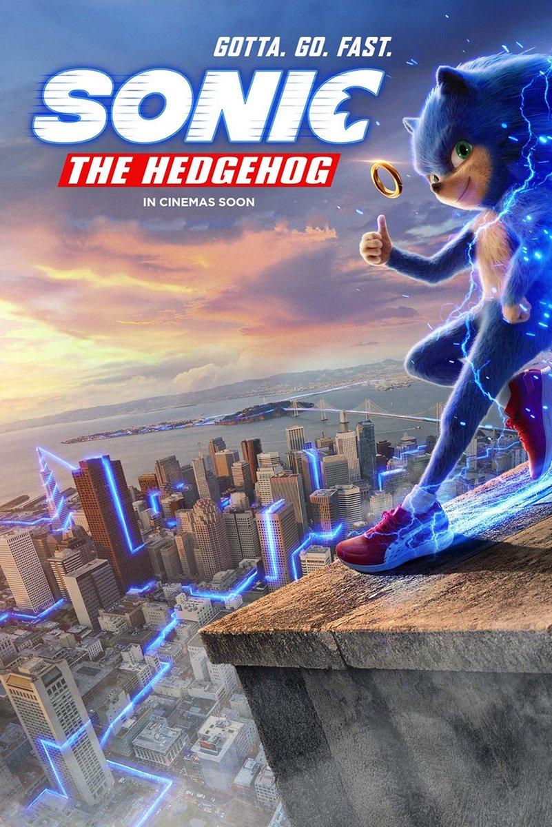 Sonic the Hedgehog movie poster features Sonic giving a thumbs-up above a city skyline with blue lightning and a golden ring.