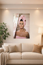 Sophia Loren in a bright living room above a beige sofa.