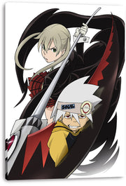 Soul Eater canvas wall art print depicts Maka Albarn and Soul Evans in a battle pose with a silver scythe and bold black-red backdrop.