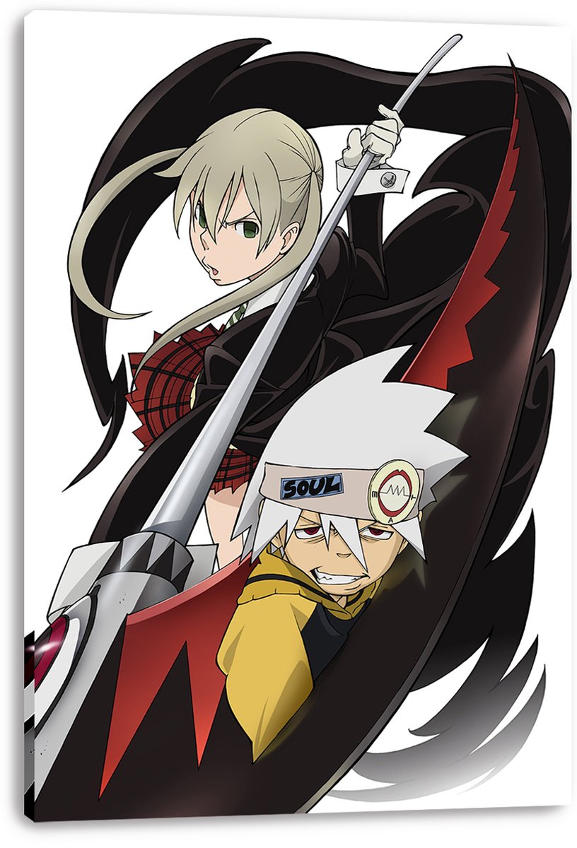 Soul Eater canvas wall art print depicts Maka Albarn and Soul Evans in a battle pose with a silver scythe and bold black-red backdrop.