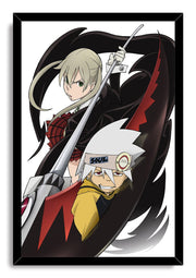 Soul Eater framed wall art print portrays Maka Albarn with Soul Evans beneath a diagonal scythe amid sweeping black and red forms.