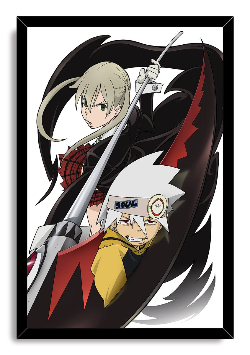 Soul Eater framed wall art print portrays Maka Albarn with Soul Evans beneath a diagonal scythe amid sweeping black and red forms.