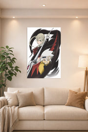 Soul Eater Anime Maka Albarn and Soul Evans in a bright living room above a beige sofa.