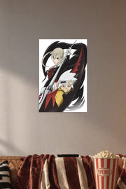 Soul Eater Anime Maka Albarn and Soul Evans in a cozy movie room above a brown sofa with popcorn.