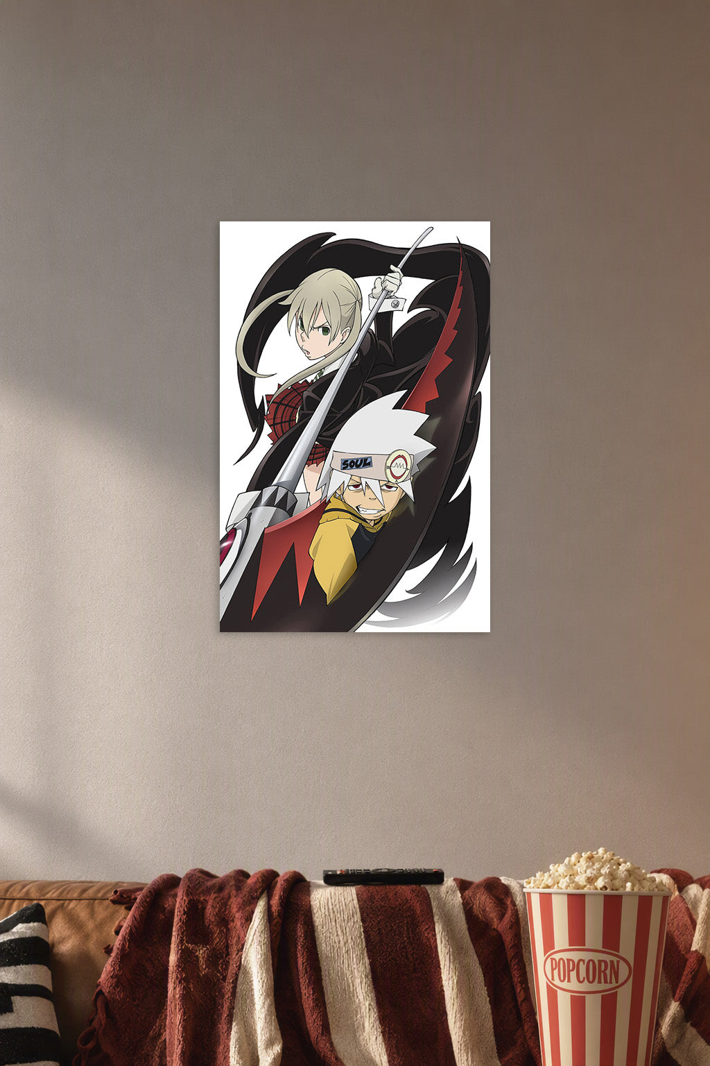 Soul Eater Anime Maka Albarn and Soul Evans in a cozy movie room above a brown sofa with popcorn.
