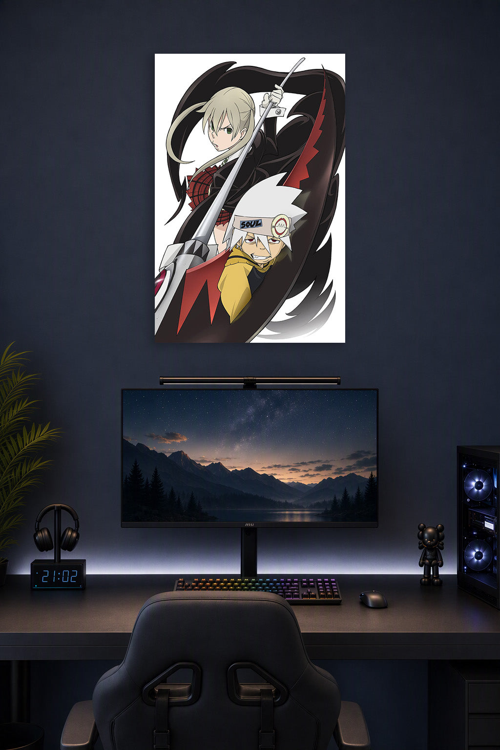 Soul Eater Anime Maka Albarn and Soul Evans in a gaming desk setup above a monitor.
