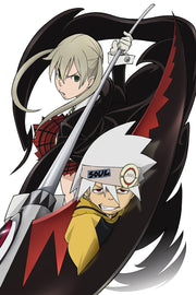 Soul Eater poster features Maka Albarn wielding a scythe above Soul Evans, with black-and-red swirling shapes on white.