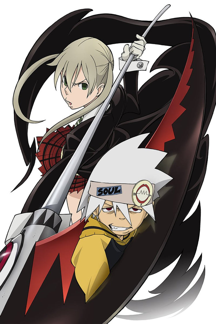 Soul Eater poster features Maka Albarn wielding a scythe above Soul Evans, with black-and-red swirling shapes on white.
