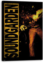 Soundgarden canvas wall art print displays a distressed gold-and-black singer performance design with large vertical Soundgarden text.