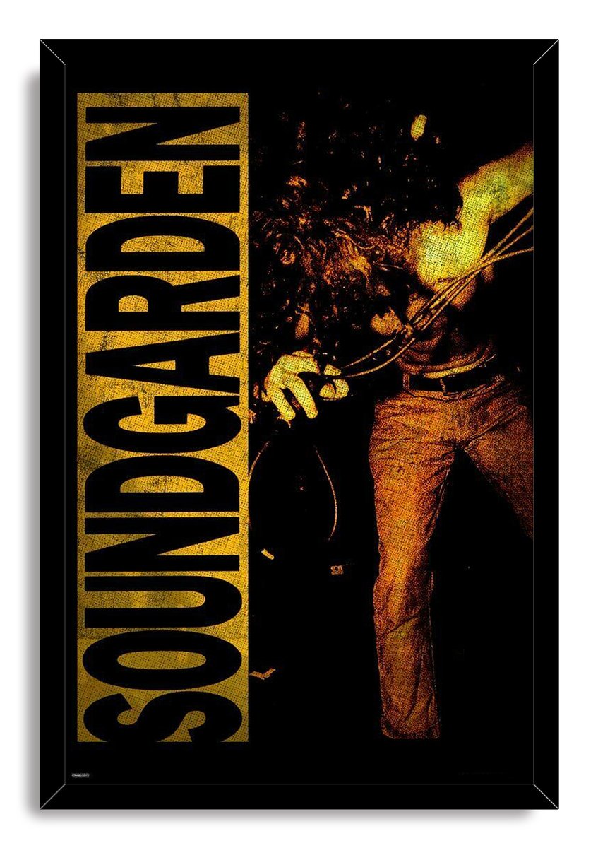 Soundgarden framed wall art print presents an amber-toned vocalist with microphone and bold vertical lettering on a black background.