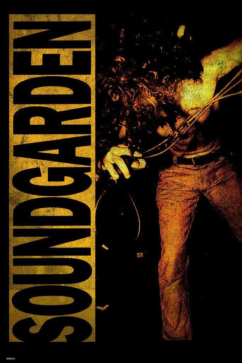 Soundgarden poster features a grainy amber concert portrait of a curly-haired singer holding a microphone beside bold vertical lettering.