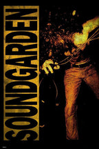 Soundgarden poster features a grainy amber concert portrait of a curly-haired singer holding a microphone beside bold vertical lettering.
