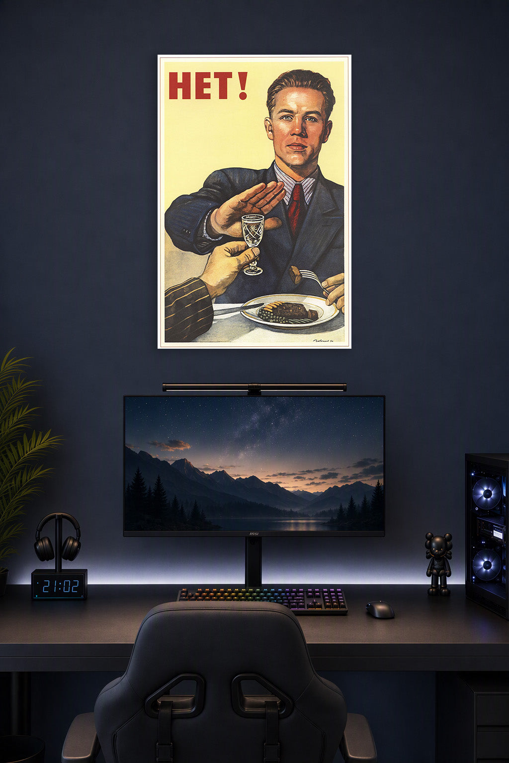 Soviet Anti-Alcohol Propaganda 'HET!' in a gaming desk setup above a monitor.