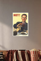 Soviet Anti-Alcohol Propaganda 'HET!' in a cozy movie room above a brown sofa with popcorn.
