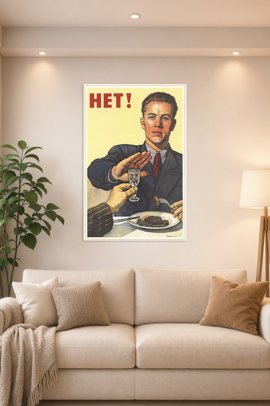 Soviet Anti-Alcohol Propaganda 'HET!' in a bright living room above a beige sofa.