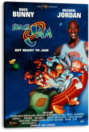 Space Jam wall art print on a thick canvas, with Michael Jordan, Bugs Bunny, Taz, Tweety and Porky Pig against a dark blue space background.