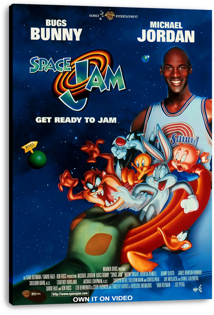 Space Jam wall art print on a thick canvas, with Michael Jordan, Bugs Bunny, Taz, Tweety and Porky Pig against a dark blue space background.