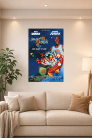 Space Jam Michael Jordan Bugs Bunny in a bright living room above a beige sofa.