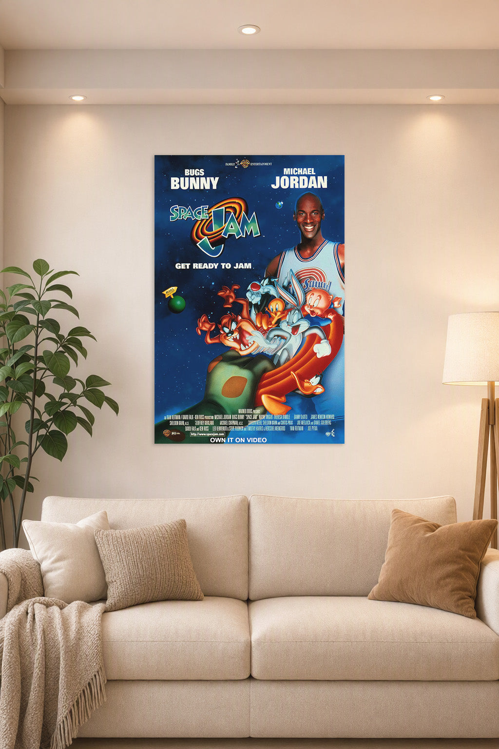 Space Jam Michael Jordan Bugs Bunny in a bright living room above a beige sofa.