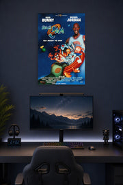 Space Jam Michael Jordan Bugs Bunny in a gaming desk setup above a monitor.
