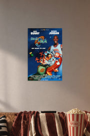 Space Jam Michael Jordan Bugs Bunny in a cozy movie room above a brown sofa with popcorn.